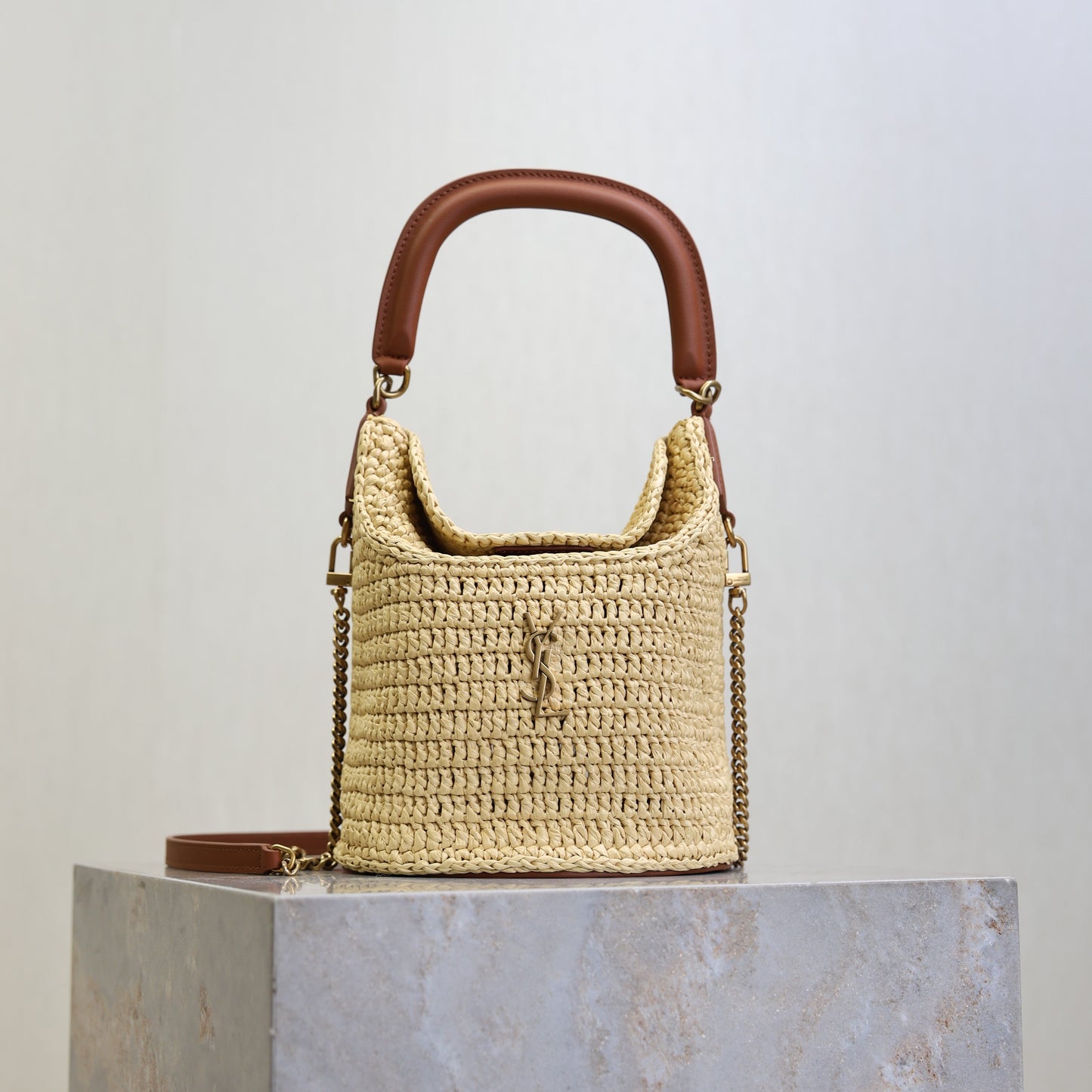 Prada GabyBucket 17cm Brown Beige Raffia Leather GHW mysite