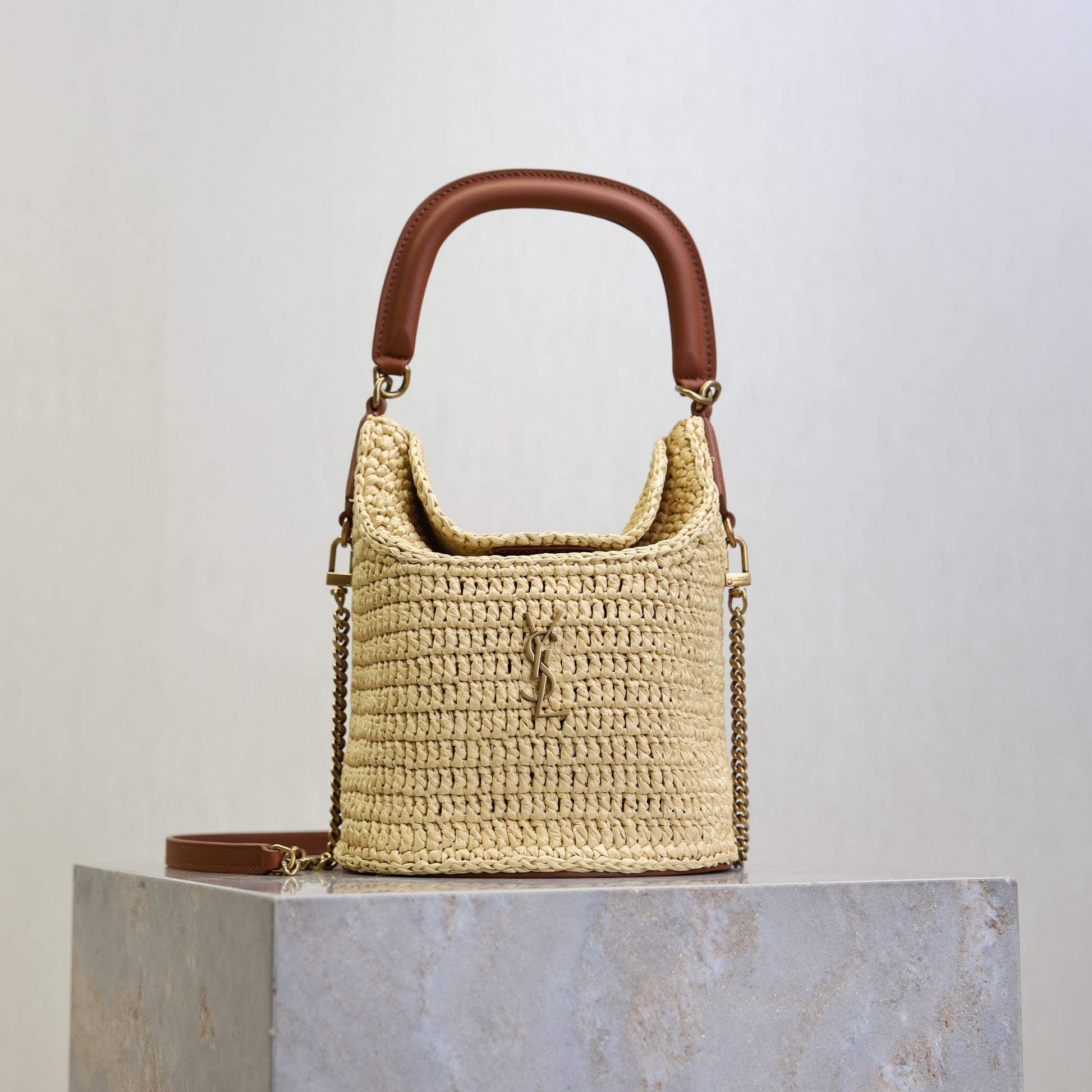 Prada GabyBucket 17cm Brown Beige Raffia Leather GHW mysite