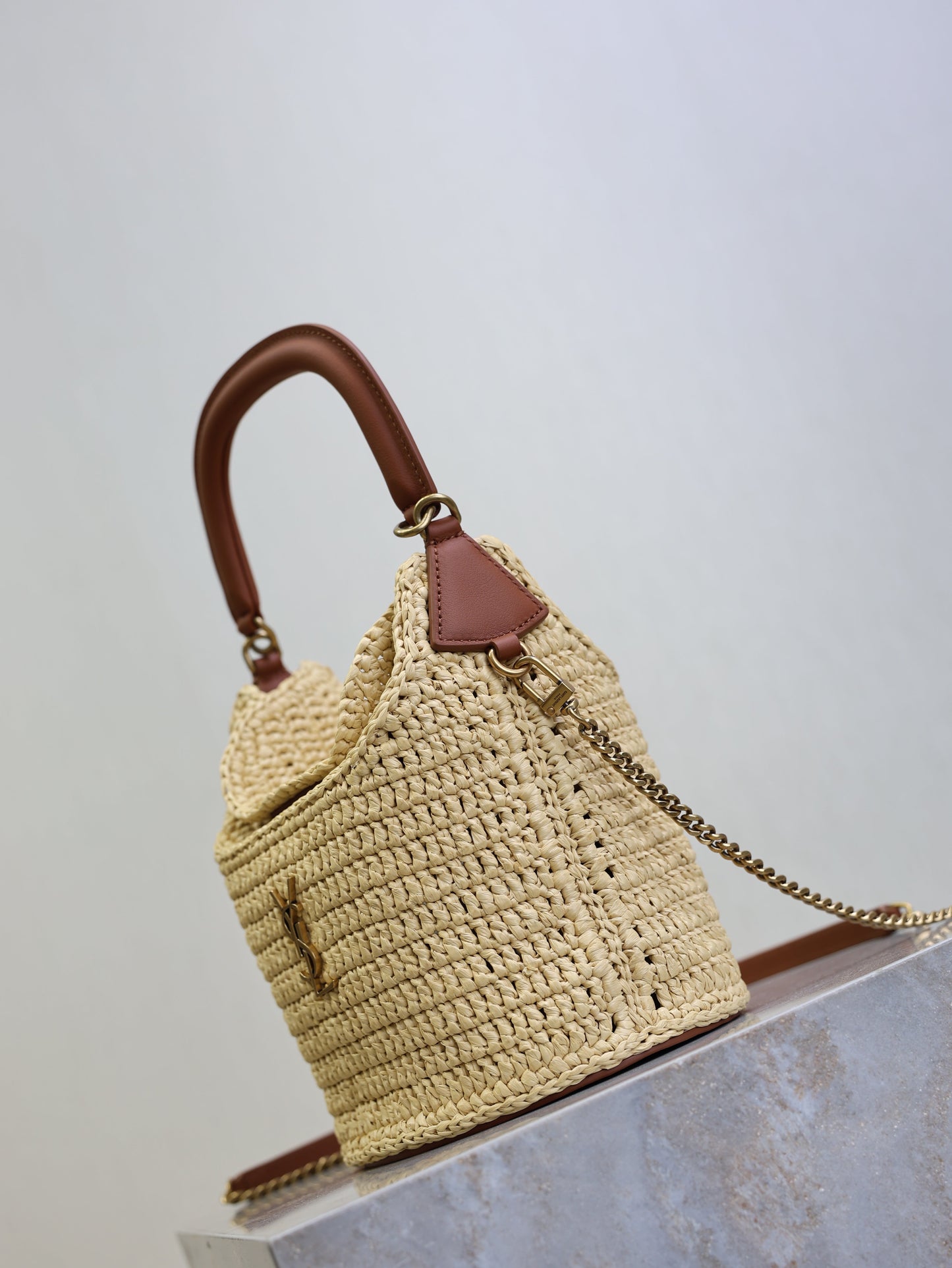 Prada GabyBucket 17cm Brown Beige Raffia Leather GHW mysite