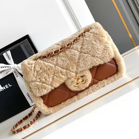 MEDIUM FLAP BAG 23 IN BEIGE WOOL AND GINGER ORANGE CALFSKIN GOLD HARDWARE mysite