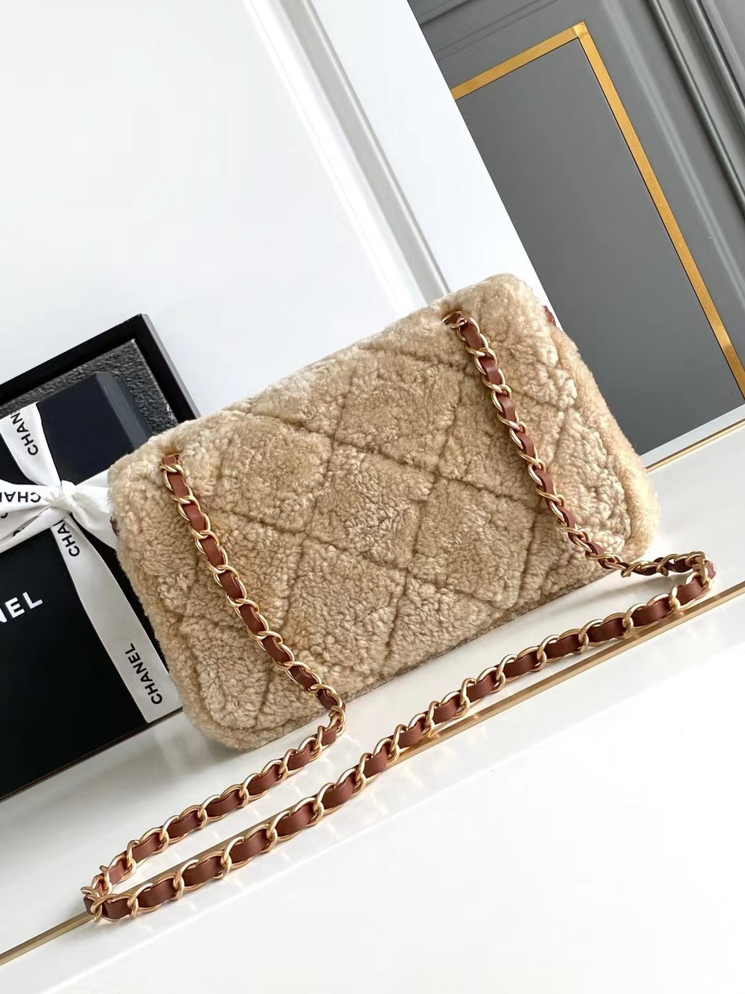 MEDIUM FLAP BAG 23 IN BEIGE WOOL AND GINGER ORANGE CALFSKIN GOLD HARDWARE mysite