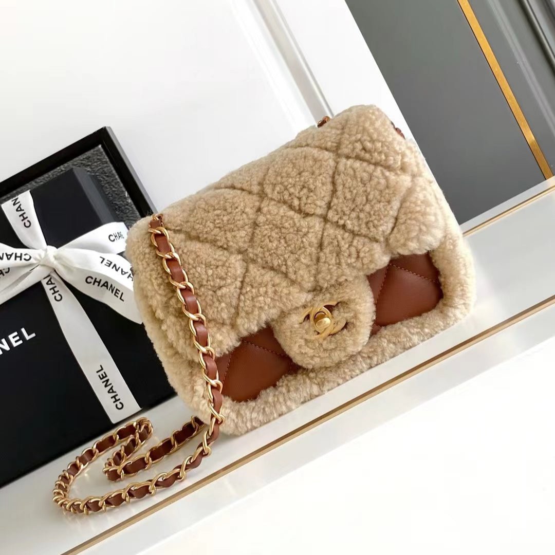 MINI FLAP BAG 18 IN BEIGE WOOL AND GINGER ORANGE CALFSKIN GOLD HARDWARE mysite