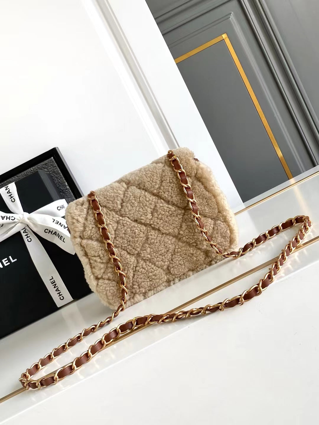 MINI FLAP BAG 18 IN BEIGE WOOL AND GINGER ORANGE CALFSKIN GOLD HARDWARE mysite