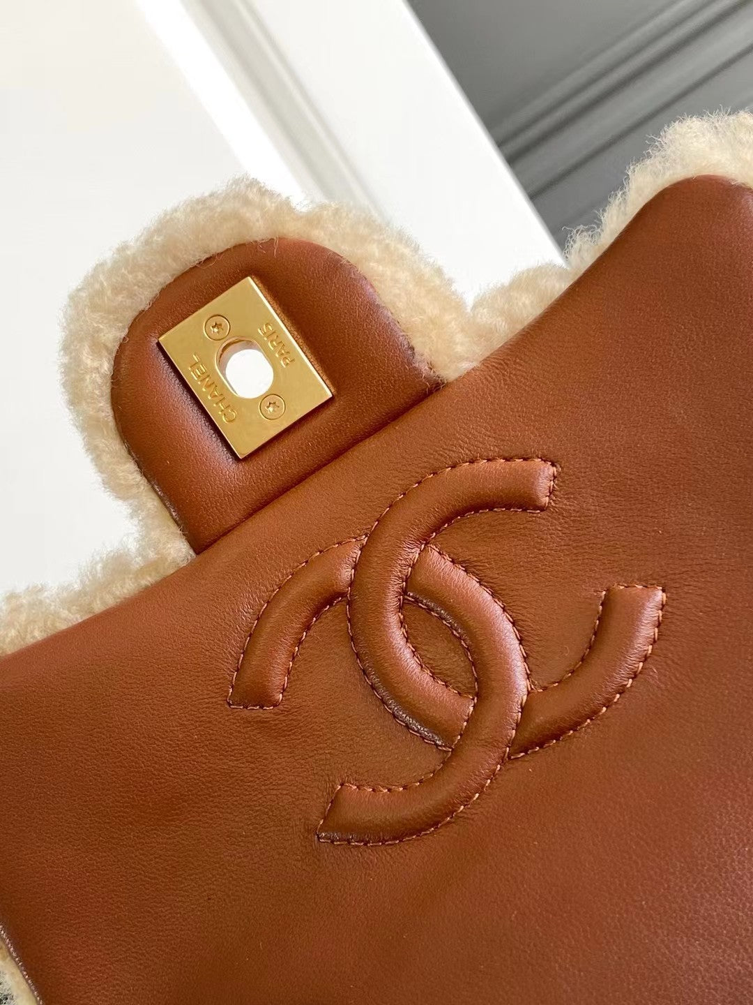 MINI FLAP BAG 18 IN BEIGE WOOL AND GINGER ORANGE CALFSKIN GOLD HARDWARE mysite