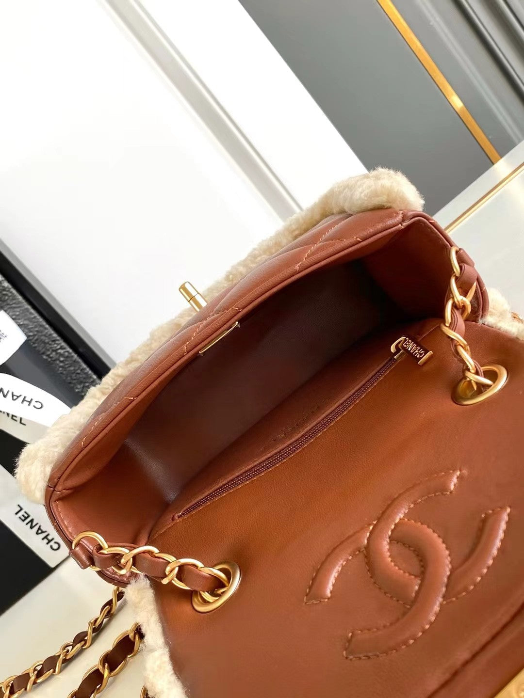 MINI FLAP BAG 18 IN BEIGE WOOL AND GINGER ORANGE CALFSKIN GOLD HARDWARE mysite