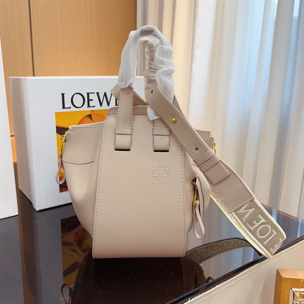 LOE 23 COMPACT HAMMOCK BAG IN SAND SATIN CALFSKIN mysite