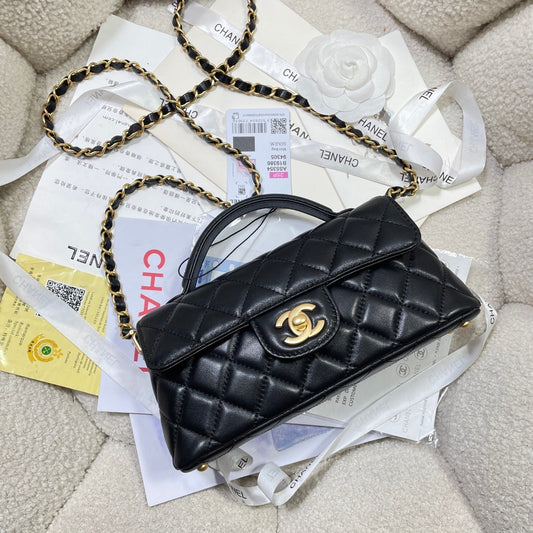 CC 25P Mini Flap Bag 22cm Top Handle Black Calfskin Gold Hardware mysite