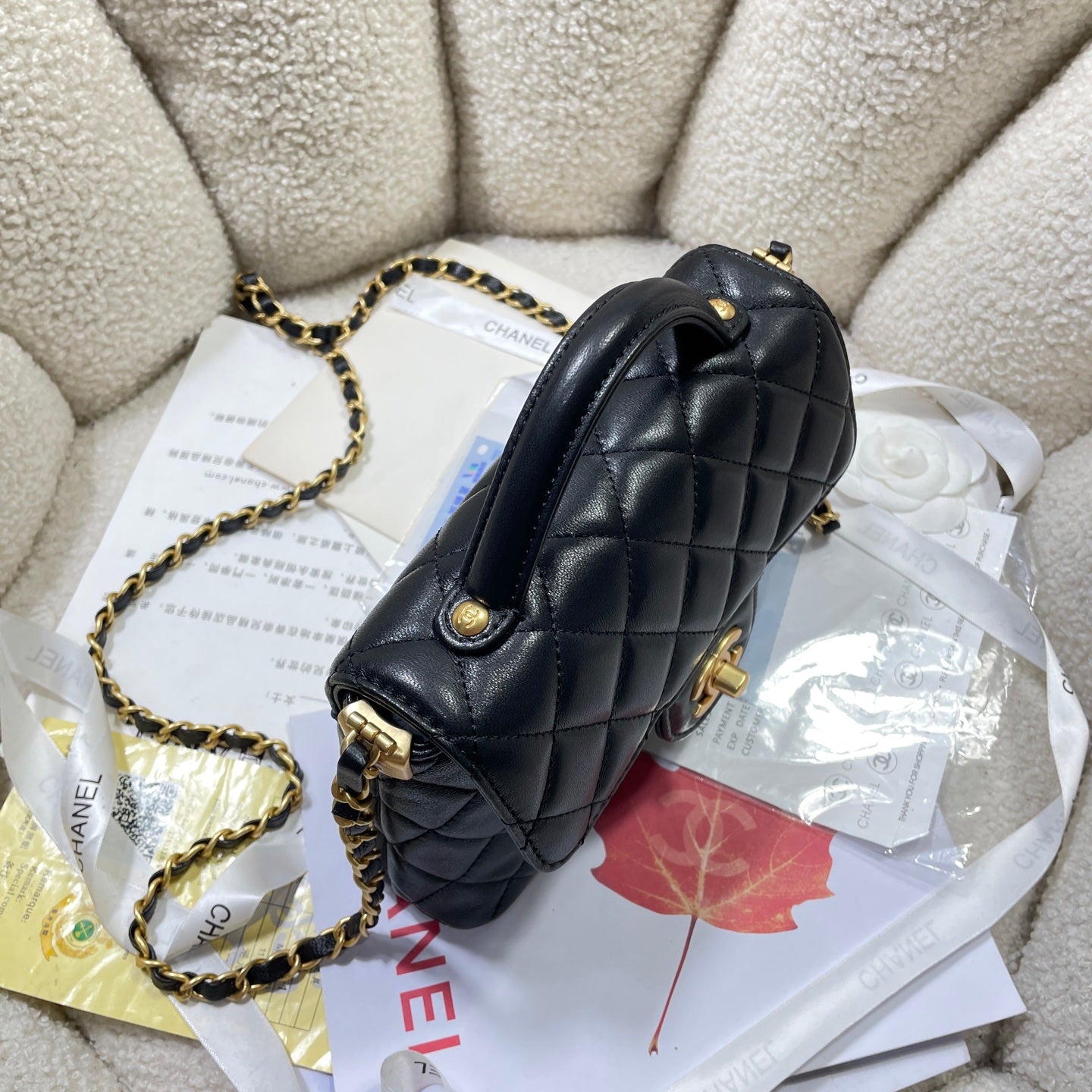 CC 25P Mini Flap Bag 20cm Top Handle Black Calfskin Gold Hardware mysite