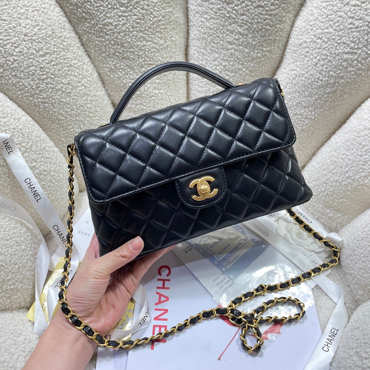 CC 25P Medium Flap Bag 25cm Top Handle Black Calfskin Gold Hardware mysite