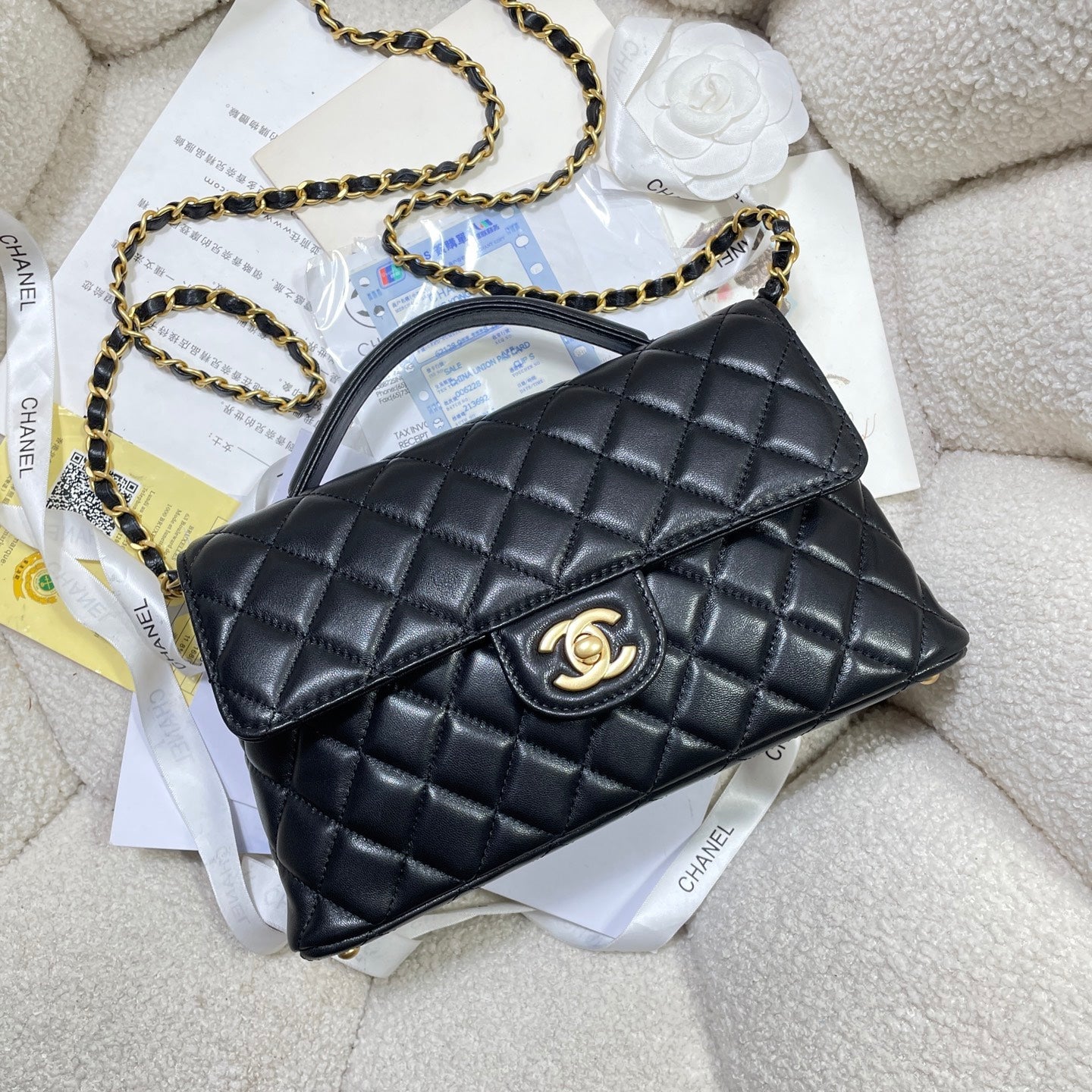 CC 25P Medium Flap Bag 25cm Top Handle Black Calfskin Gold Hardware mysite