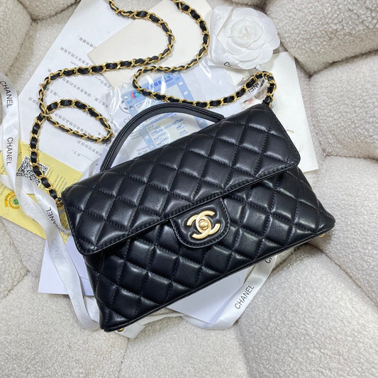 CC 25P Medium Flap Bag 25cm Top Handle Black Calfskin Gold Hardware mysite