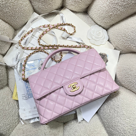 CC 25P Medium Flap Bag 25cm Top Handle Pink Calfskin Gold Hardware mysite