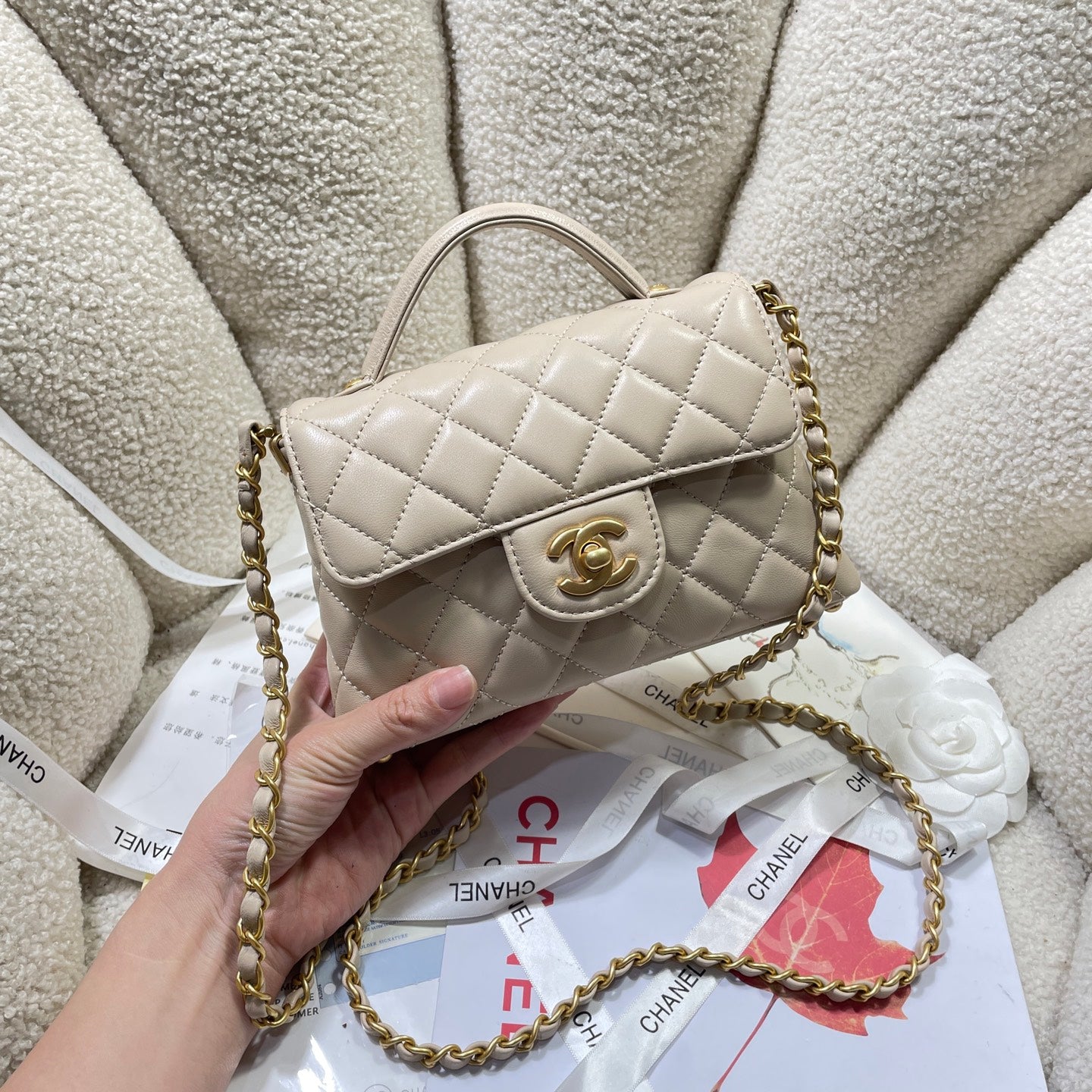 CC 25P Mini Flap Bag 20cm Top Handle Beige Calfskin Gold Hardware mysite