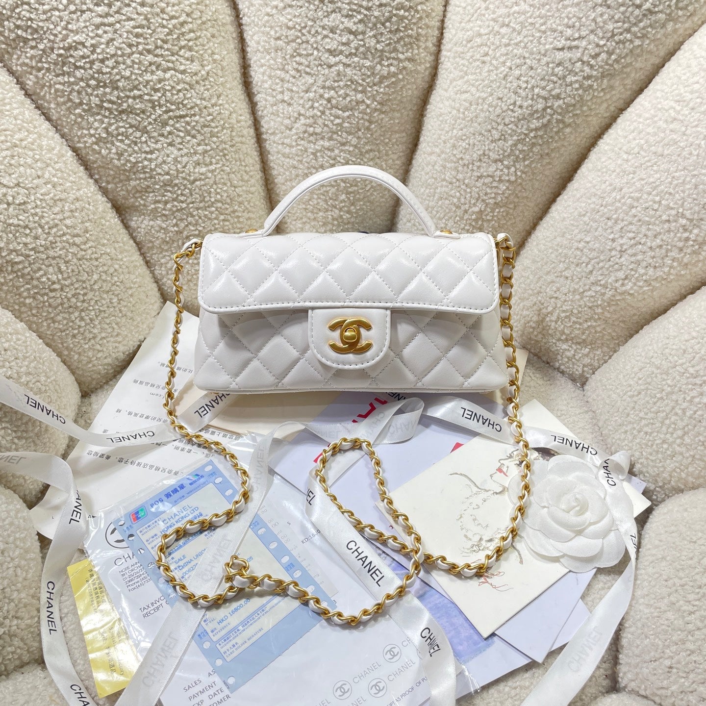 CC 25P Mini Flap Bag 22cm Top Handle Cream Calfskin Gold Hardware mysite