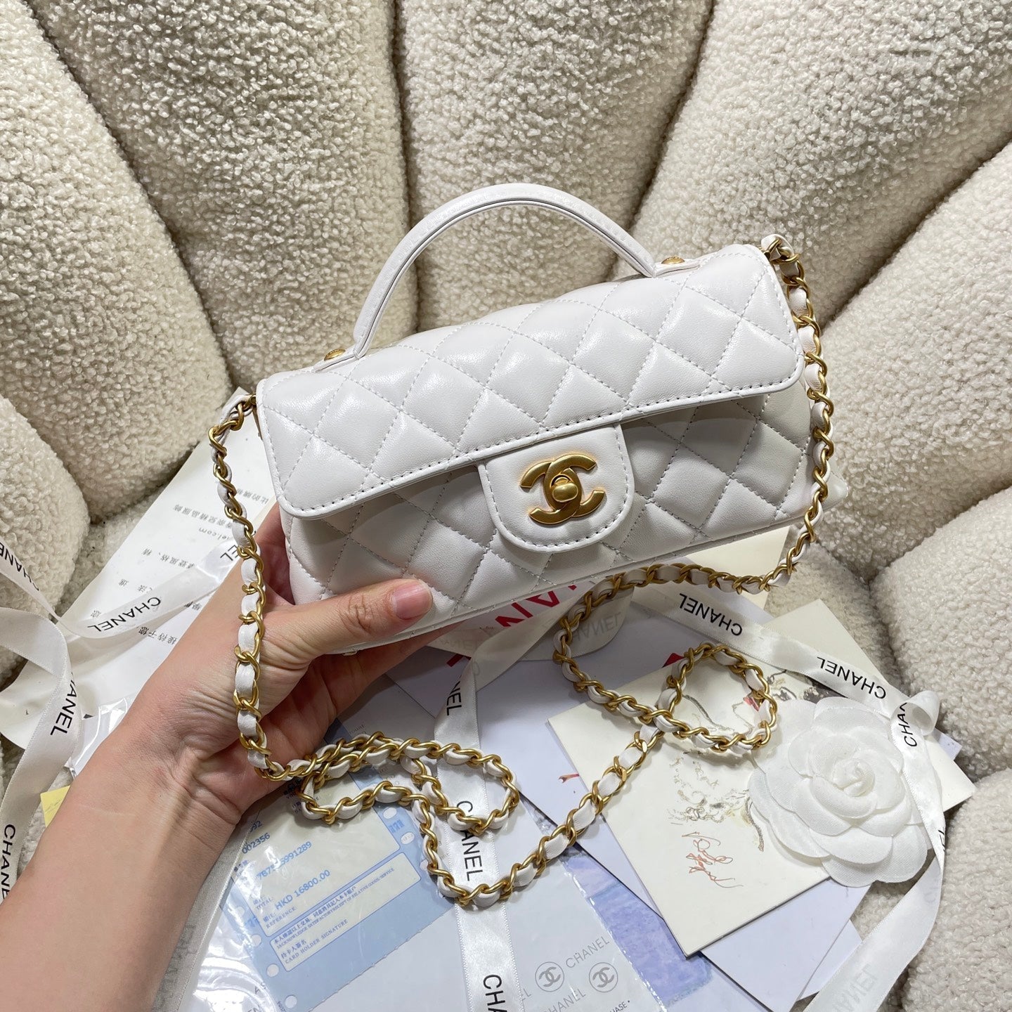 CC 25P Mini Flap Bag 22cm Top Handle Cream Calfskin Gold Hardware mysite