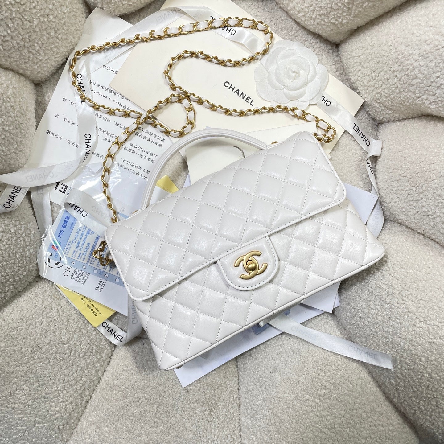 CC 25P Medium Flap Bag 25cm Top Handle Cream Calfskin Gold Hardware mysite