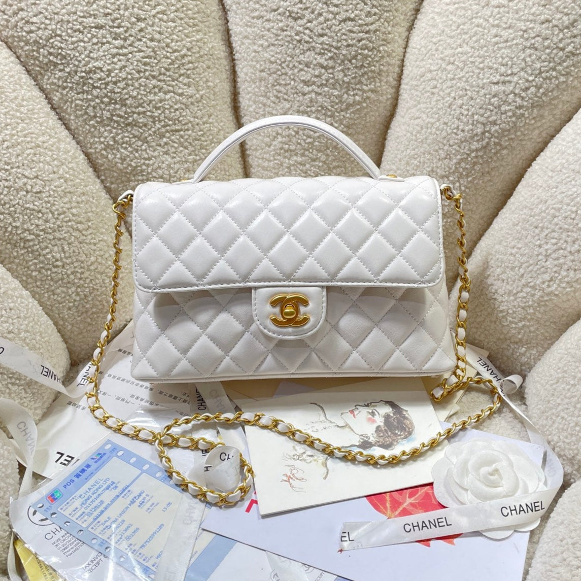 CC 25P Medium Flap Bag 25cm Top Handle Cream Calfskin Gold Hardware mysite