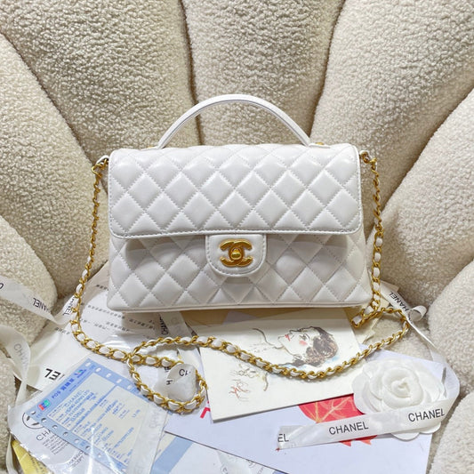 CC 25P Medium Flap Bag 25cm Top Handle Cream Calfskin Gold Hardware mysite