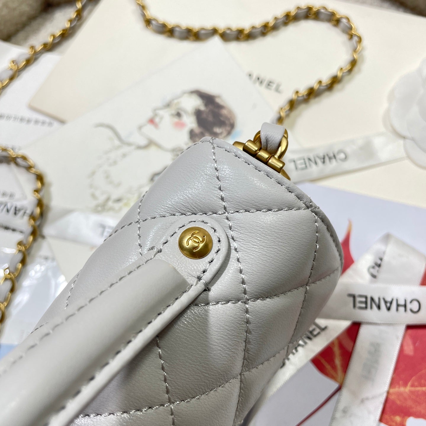 CC 25P Mini Flap Bag 22cm Top Handle Grey Calfskin Gold Hardware mysite