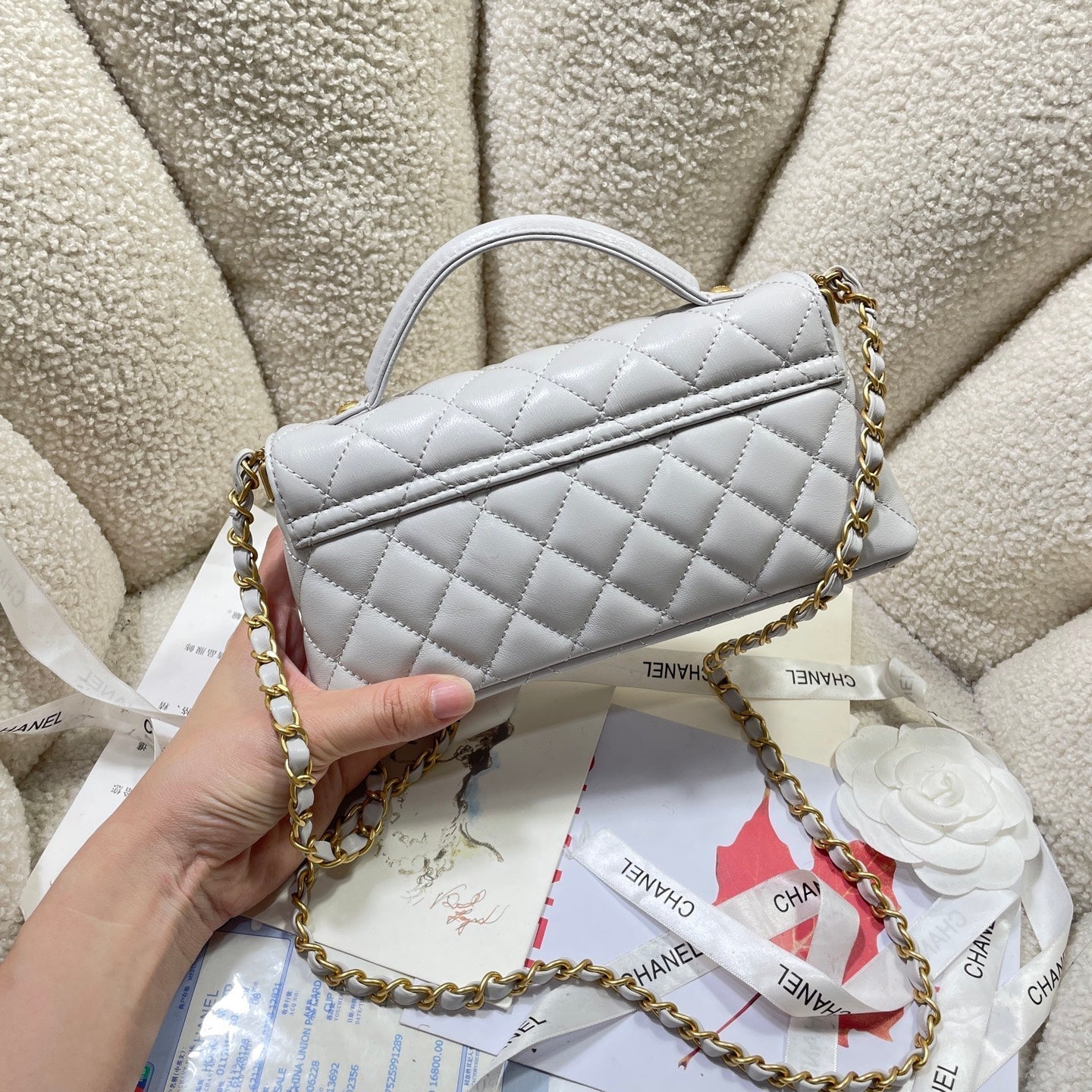 CC 25P Mini Flap Bag 22cm Top Handle Grey Calfskin Gold Hardware mysite