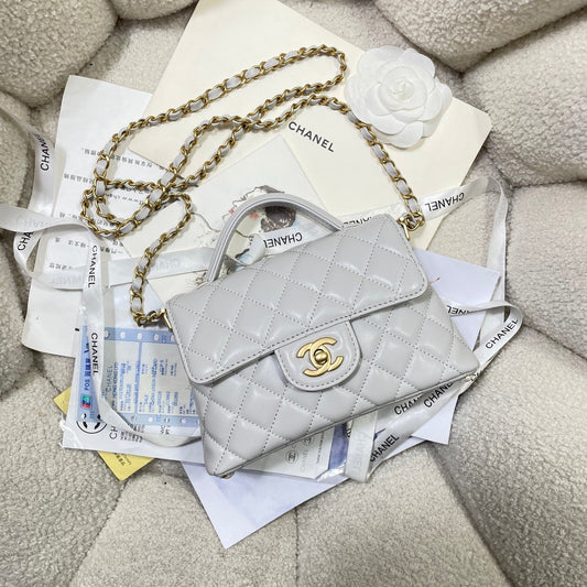 CC 25P Mini Flap Bag 20cm Top Handle Grey Calfskin Gold Hardware mysite