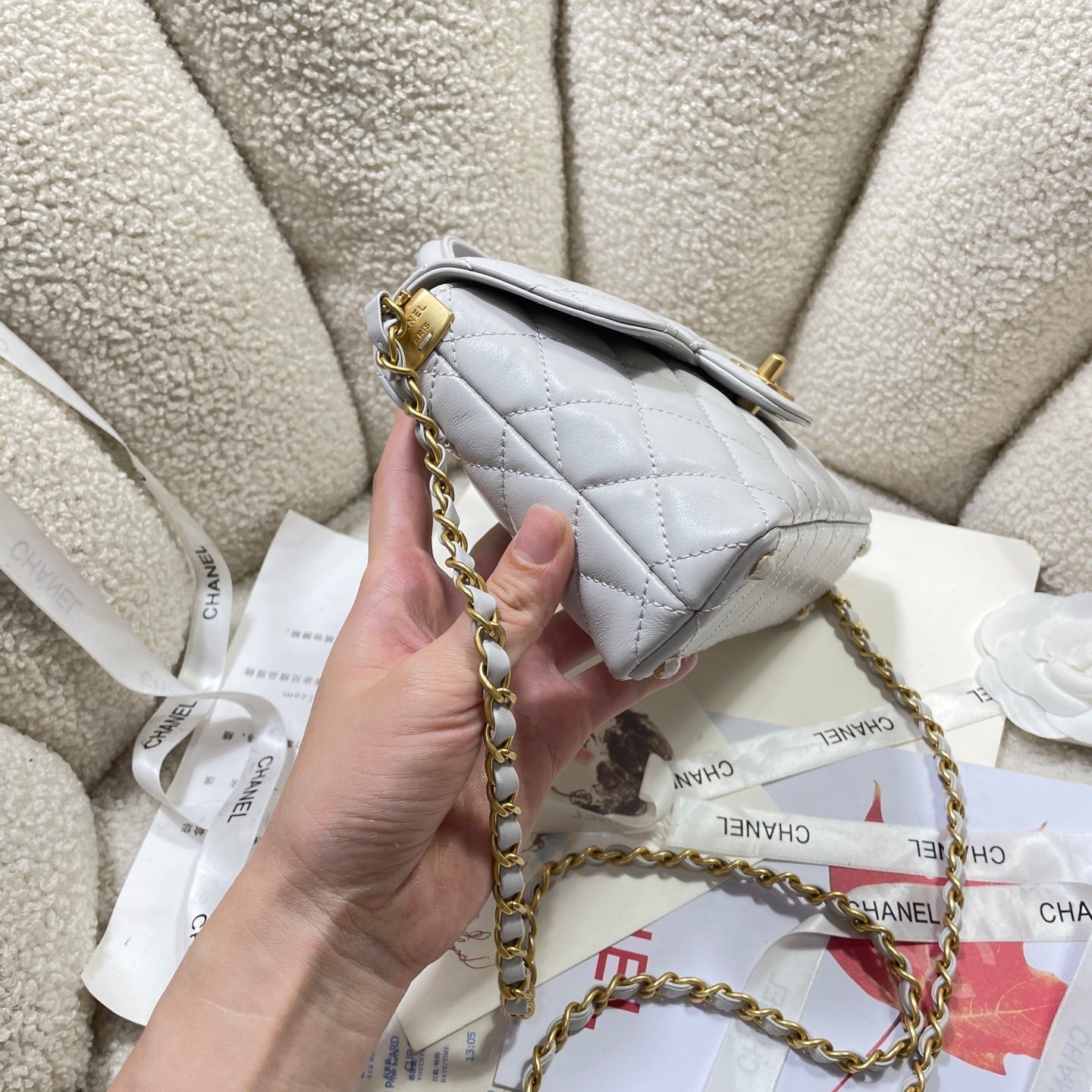 CC 25P Mini Flap Bag 20cm Top Handle Grey Calfskin Gold Hardware mysite