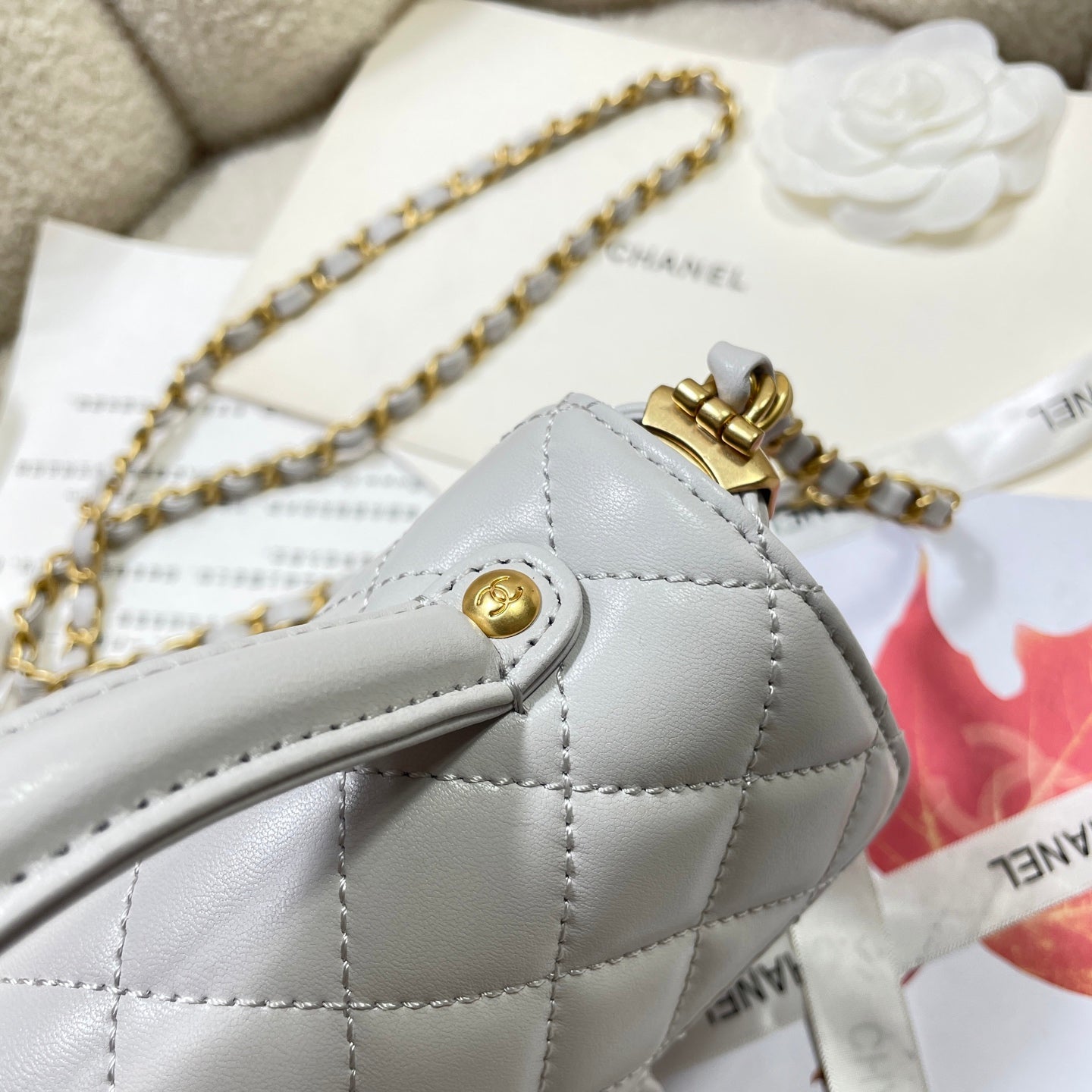 CC 25P Mini Flap Bag 20cm Top Handle Grey Calfskin Gold Hardware mysite