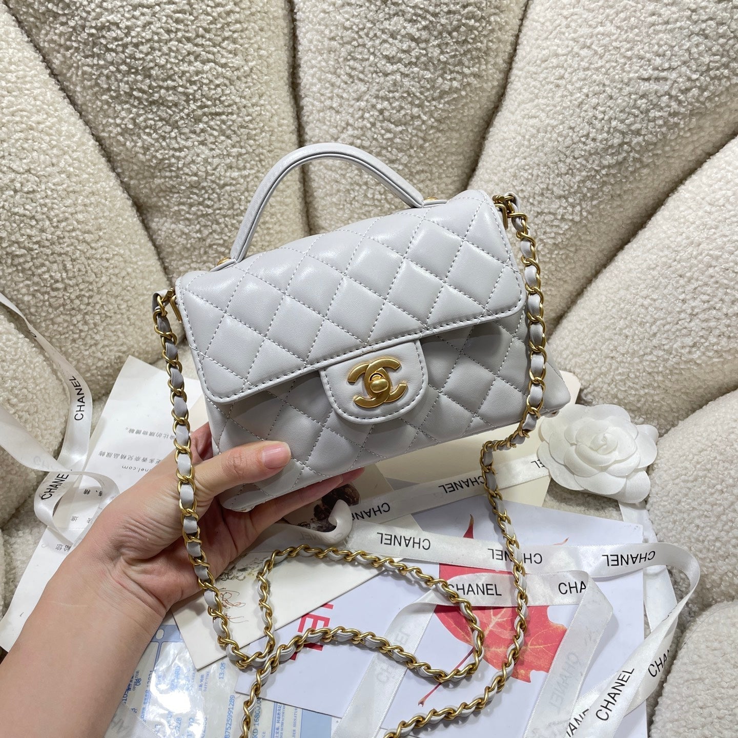 CC 25P Mini Flap Bag 20cm Top Handle Grey Calfskin Gold Hardware mysite