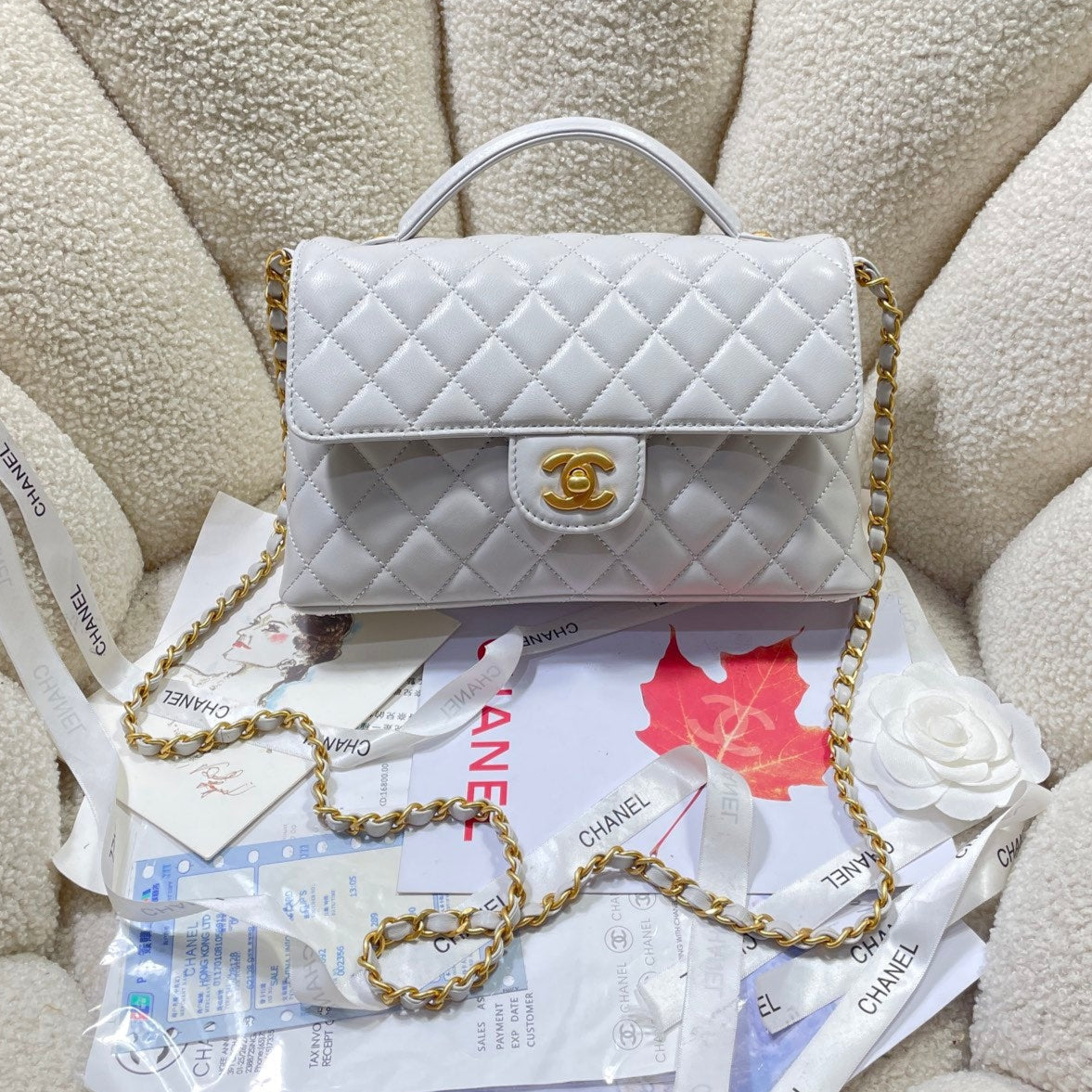 CC 25P Medium Flap Bag 25cm Top Handle Grey Calfskin Gold Hardware mysite