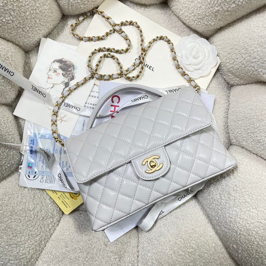 CC 25P Medium Flap Bag 25cm Top Handle Grey Calfskin Gold Hardware mysite