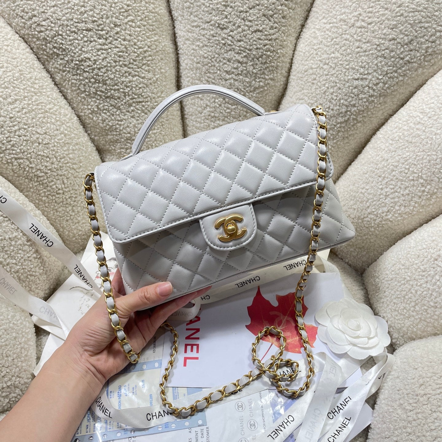 CC 25P Medium Flap Bag 25cm Top Handle Grey Calfskin Gold Hardware mysite