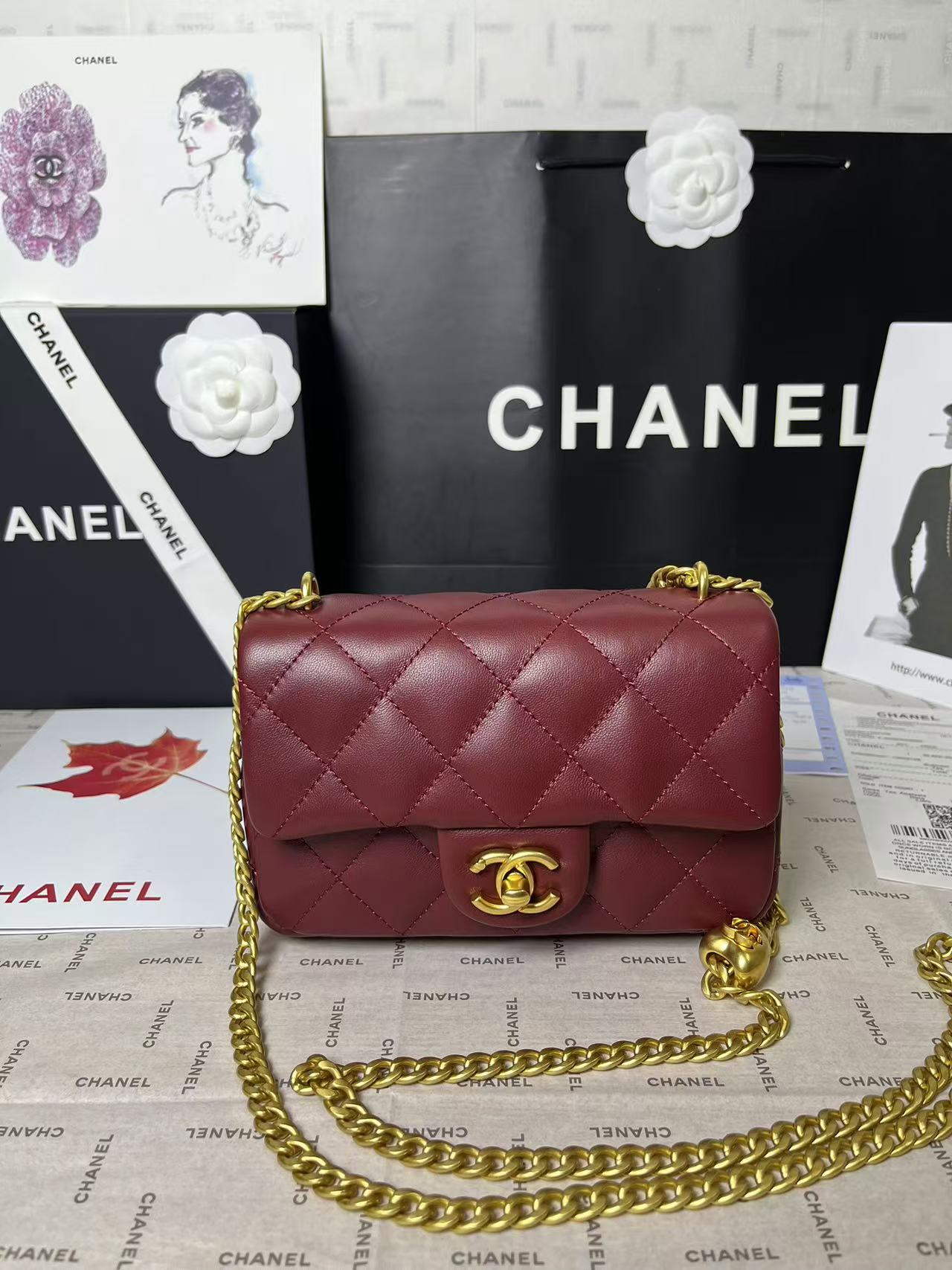 25C Mini Flap 19cm Burgundy Lambskin Gold Heart Hardware mysite