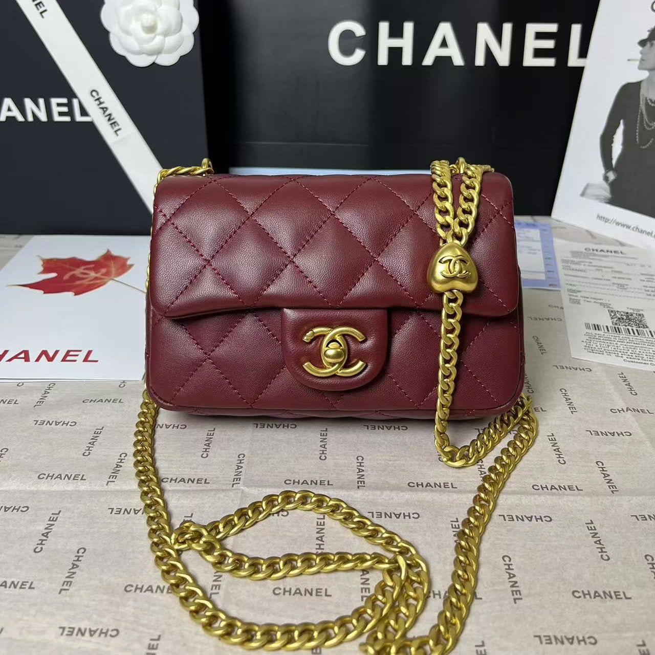 25C Mini Flap 19cm Burgundy Lambskin Gold Heart Hardware mysite