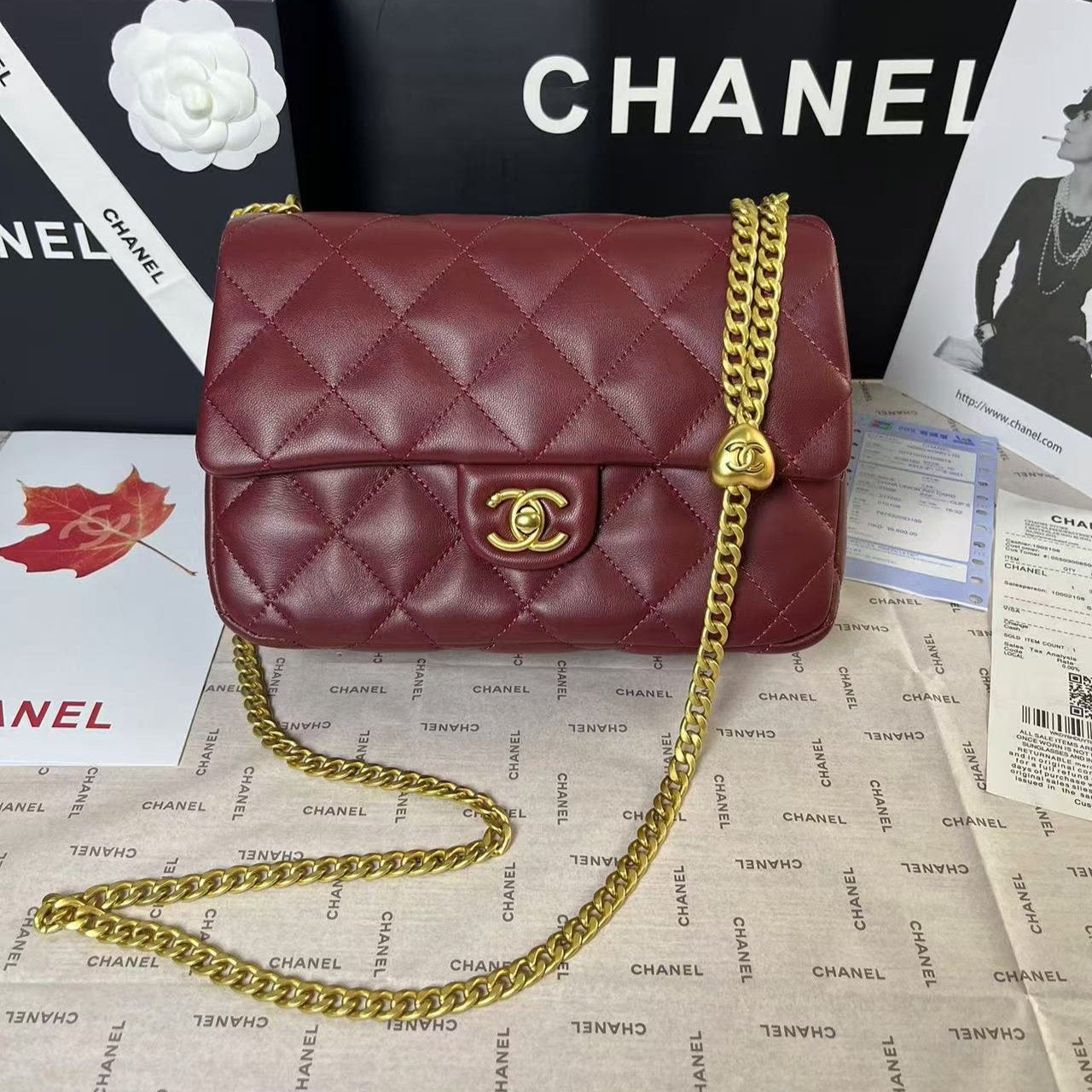 25C Mini Flap 24cm Burgundy Lambskin Gold Heart Hardware mysite