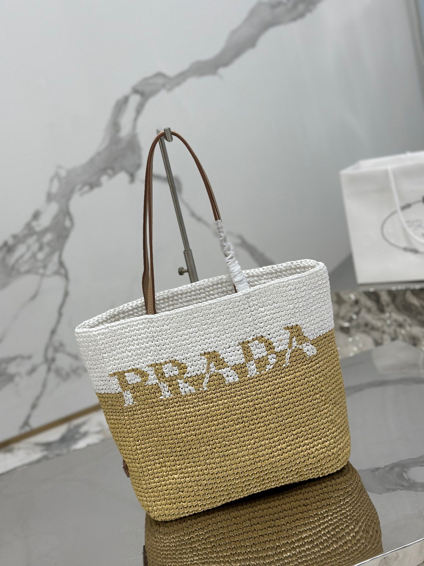 SMALL TOTE BAG 27 IN WHITE MIX BEIGE RAFFIA AND BROWN CALFSKIN HANDLE mysite