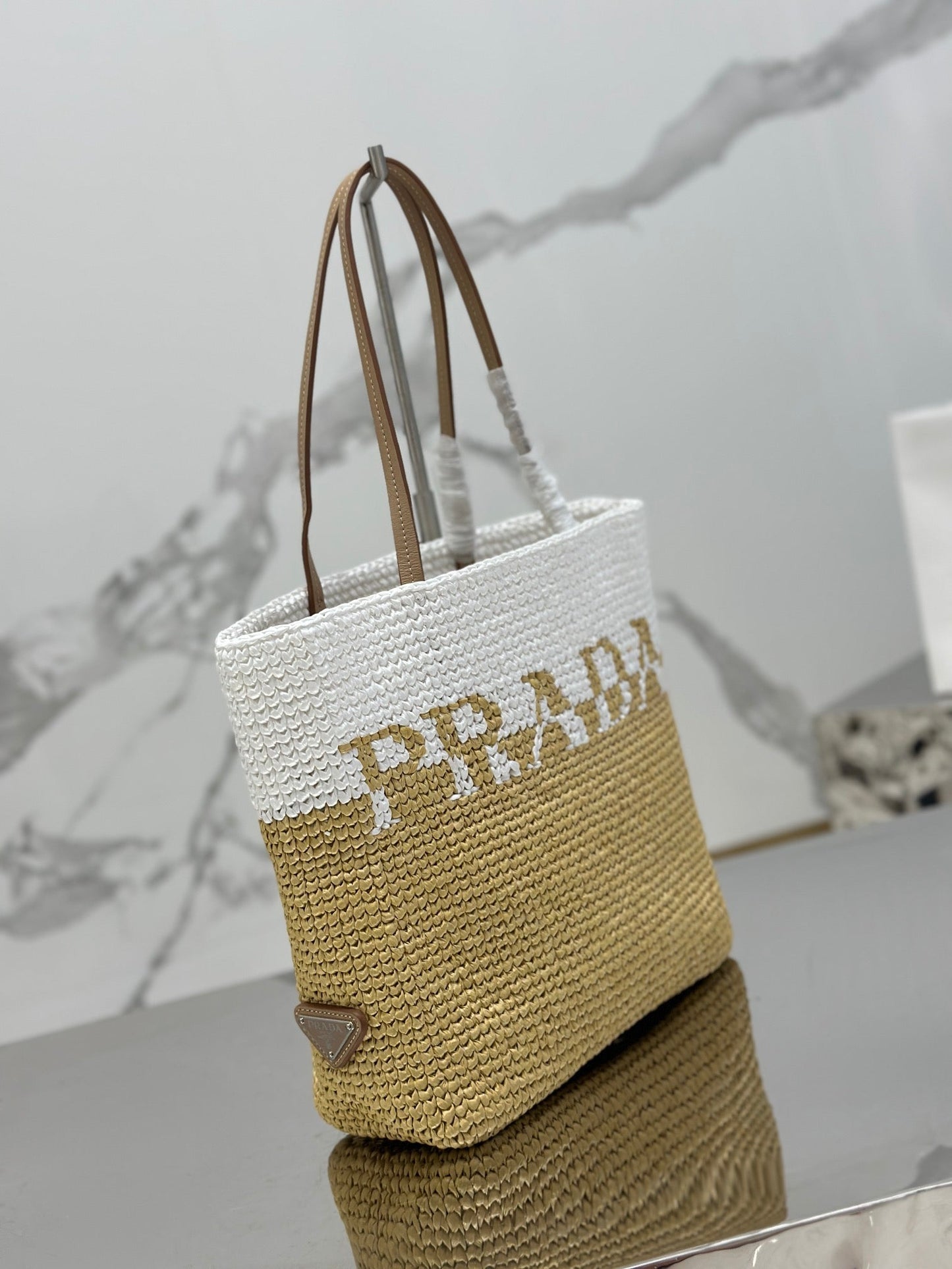 SMALL TOTE BAG 27 IN WHITE MIX BEIGE RAFFIA AND BROWN CALFSKIN HANDLE mysite