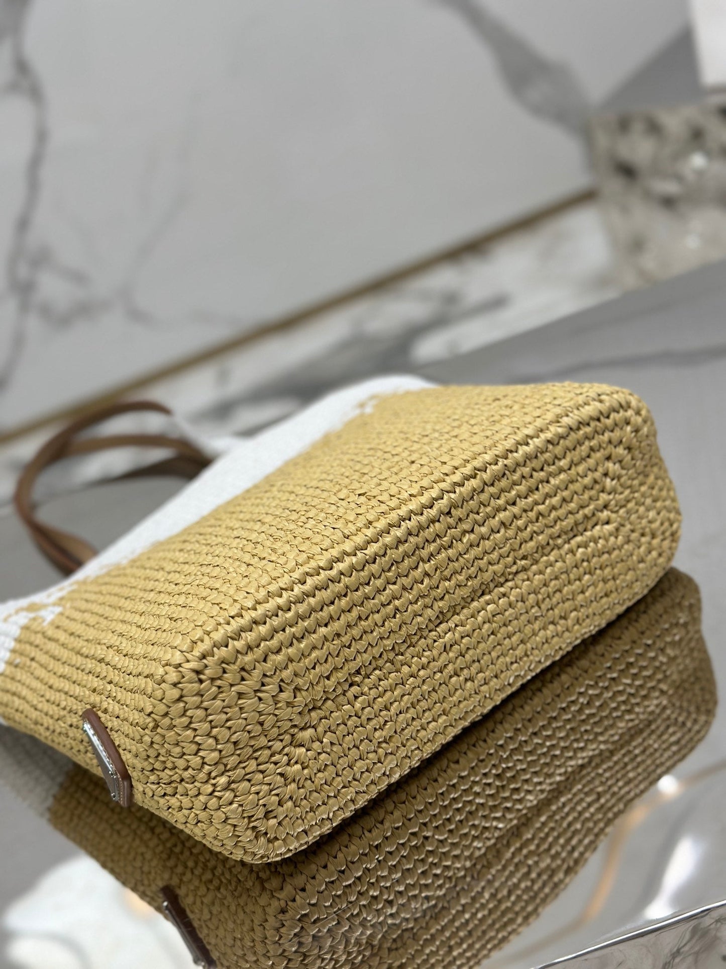 SMALL TOTE BAG 27 IN WHITE MIX BEIGE RAFFIA AND BROWN CALFSKIN HANDLE mysite