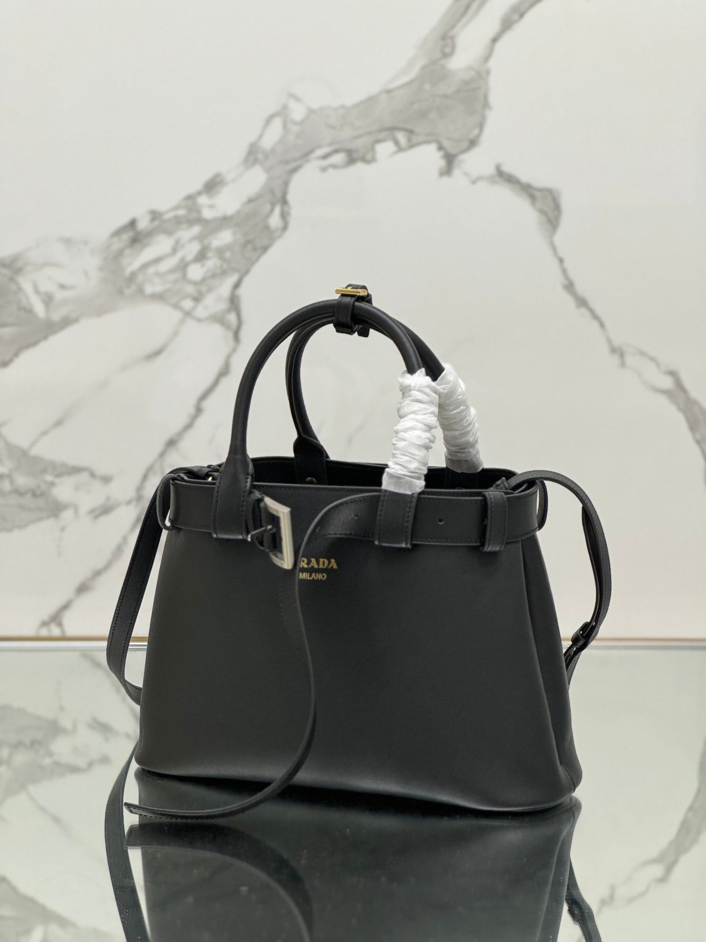 TOTE BAG WITH BELT 32 IN BLACK IMPORTED CALFSKIN mysite