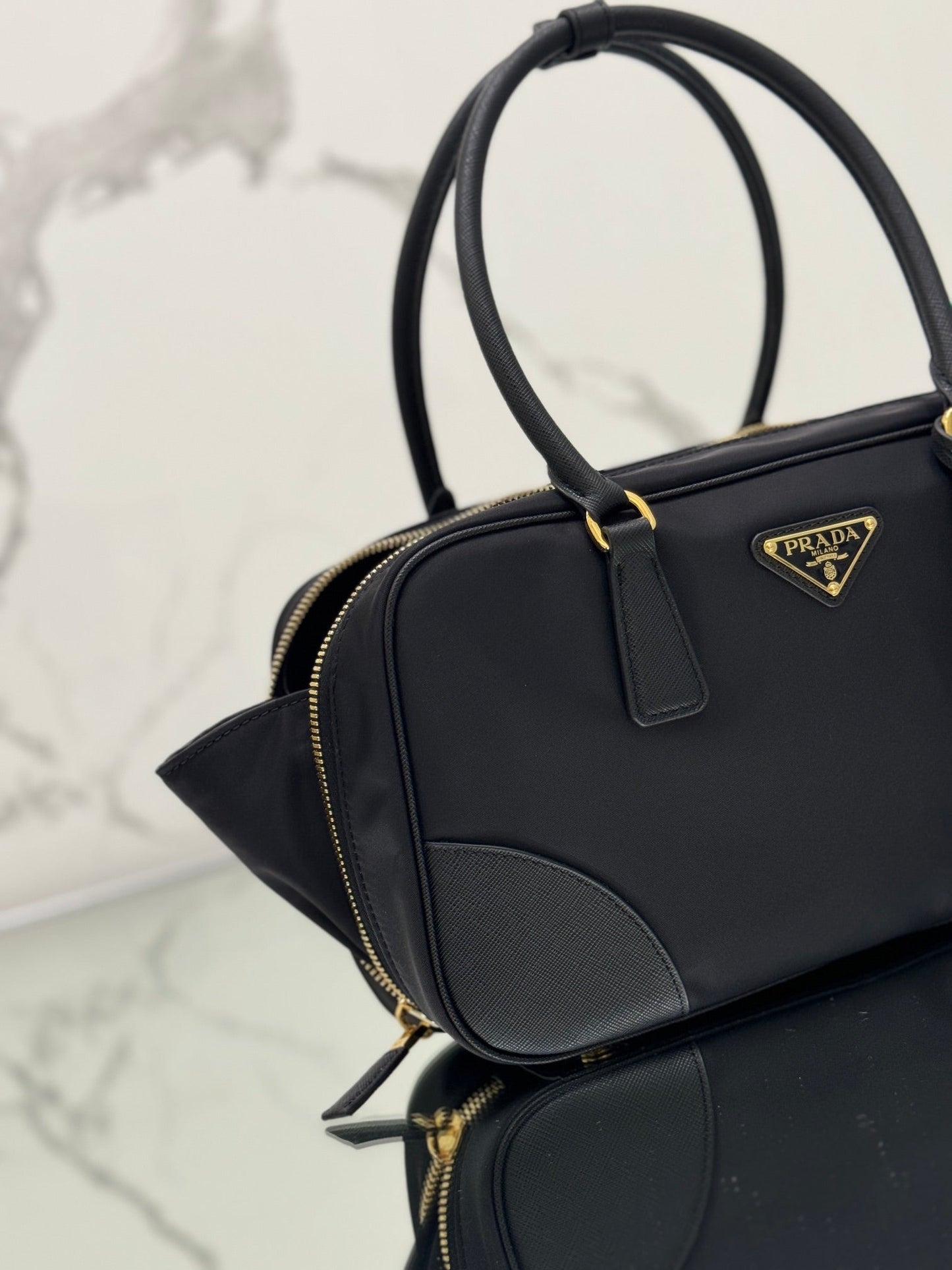 MEDIUM TOP HANDLE BAG 30 IN BLACK NYLON AND CALFSKIN TRIM mysite