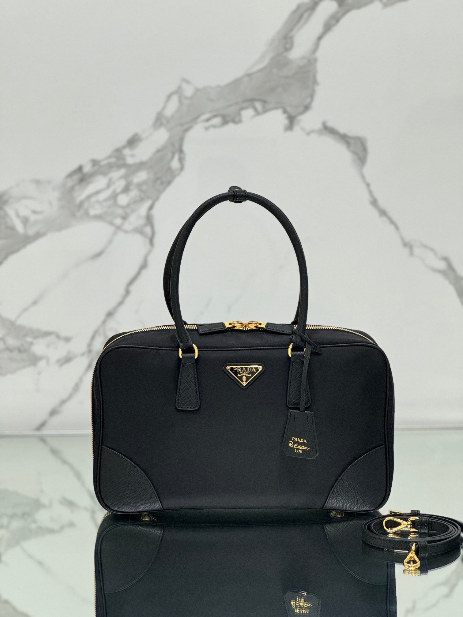 LARGE TOP HANDLE BAG 35 IN BLACK NYLON AND CALFSKIN TRIM mysite