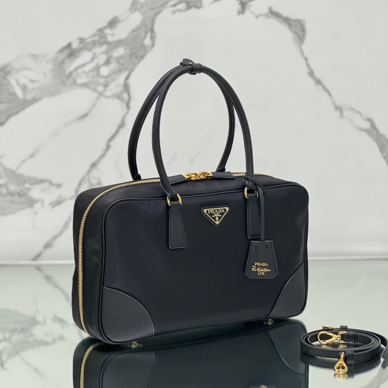 LARGE TOP HANDLE BAG 35 IN BLACK NYLON AND CALFSKIN TRIM mysite