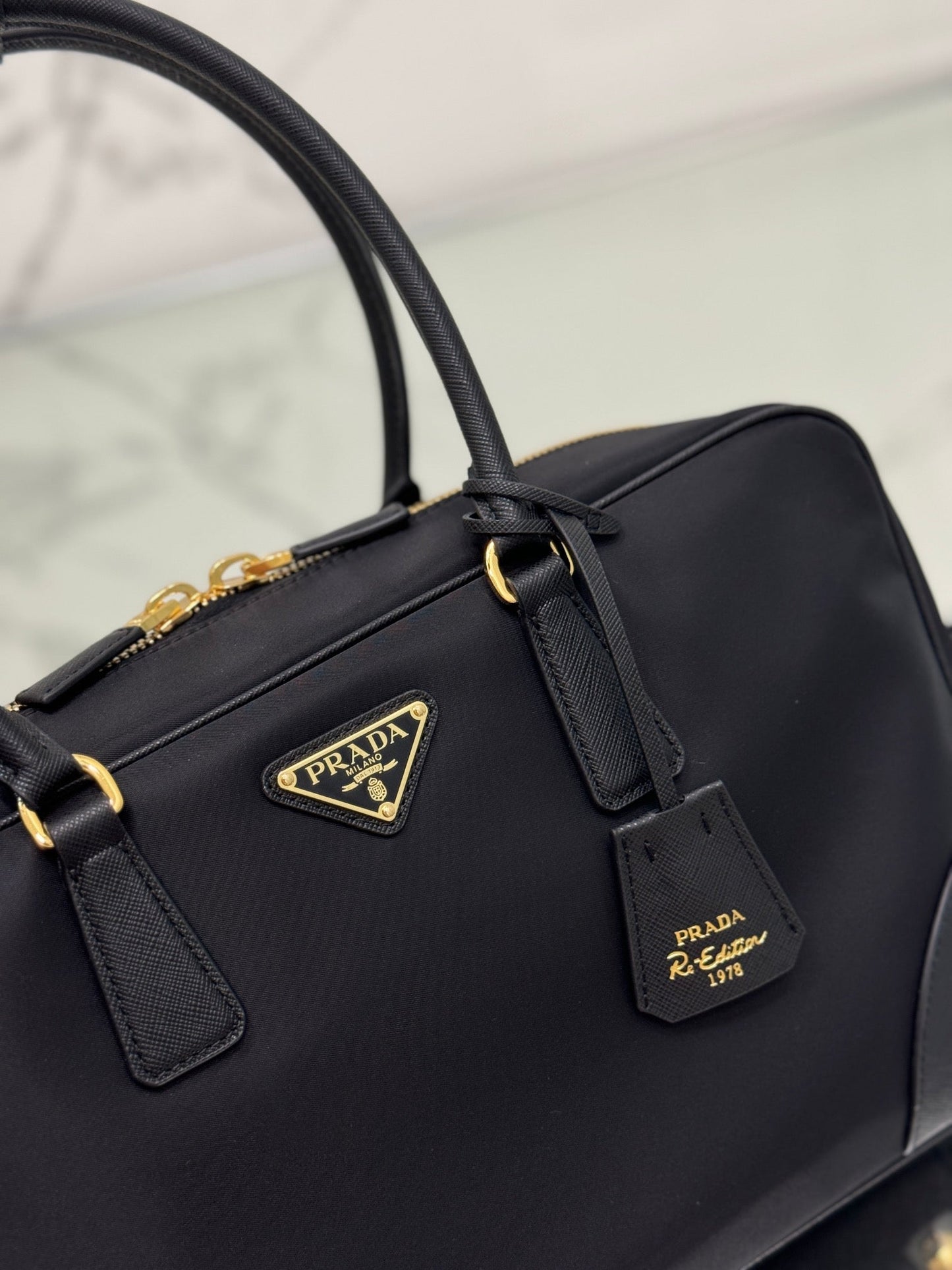 LARGE TOP HANDLE BAG 35 IN BLACK NYLON AND CALFSKIN TRIM mysite