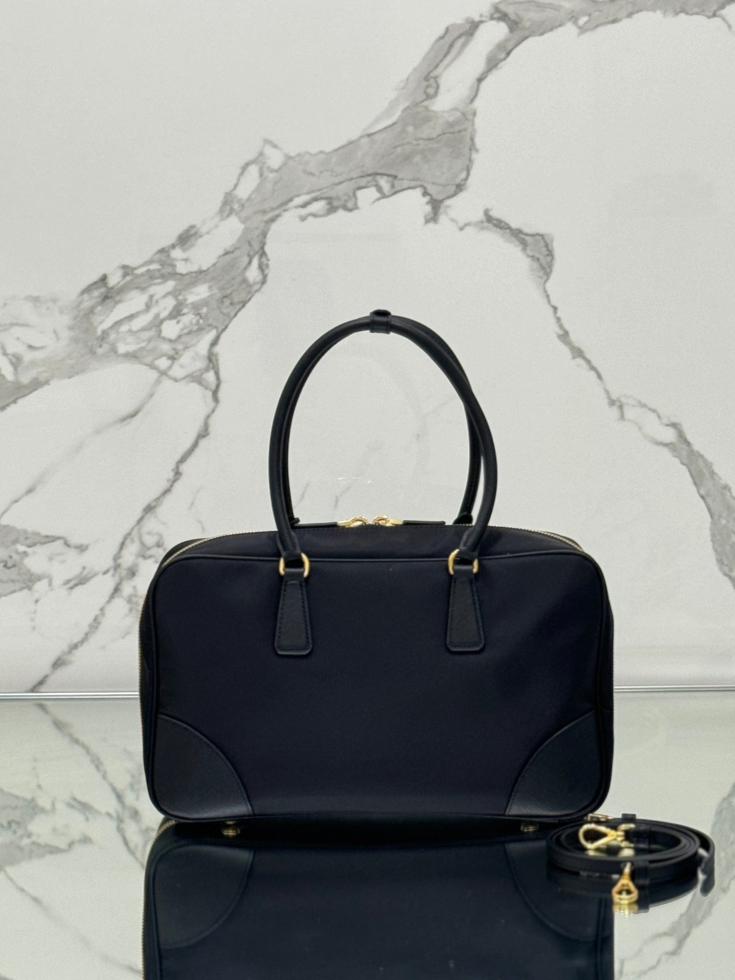 LARGE TOP HANDLE BAG 35 IN BLACK NYLON AND CALFSKIN TRIM mysite