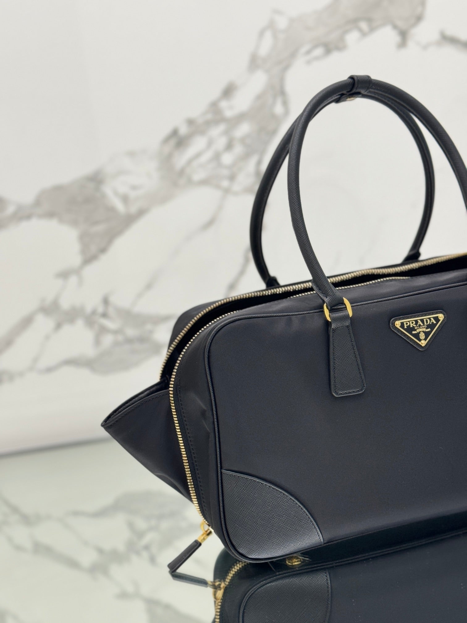 LARGE TOP HANDLE BAG 35 IN BLACK NYLON AND CALFSKIN TRIM mysite