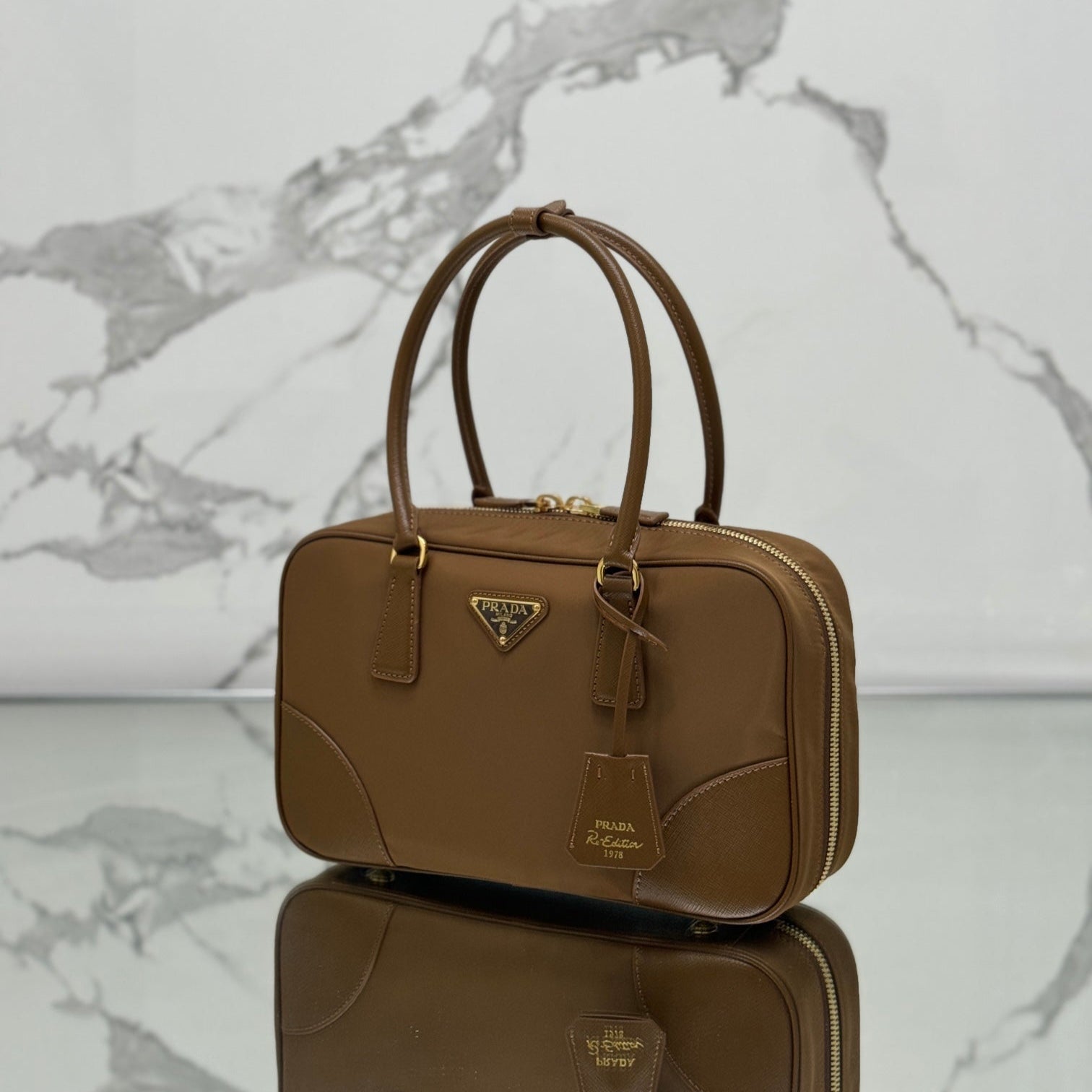 MEDIUM TOP HANDLE BAG 30 IN CHERRY WOOD NYLON AND CALFSKIN TRIM mysite