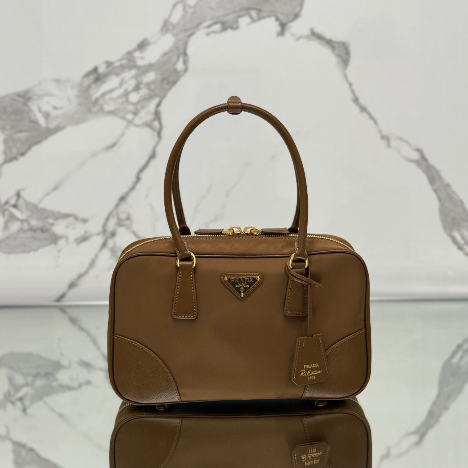 MEDIUM TOP HANDLE BAG 30 IN CHERRY WOOD NYLON AND CALFSKIN TRIM mysite