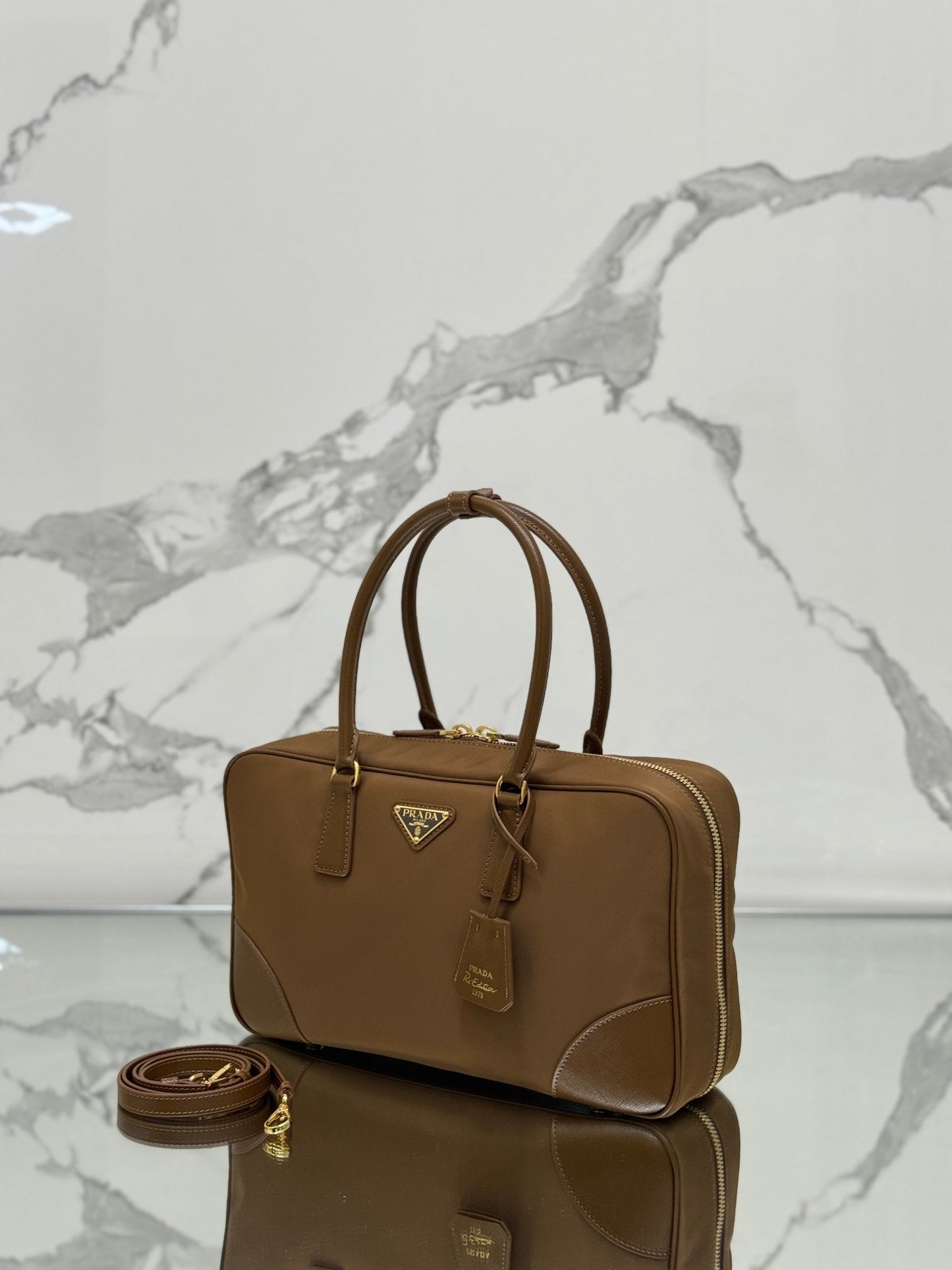 LARGE TOP HANDLE BAG 35 IN CHERRY WOOD NYLON AND CALFSKIN TRIM mysite