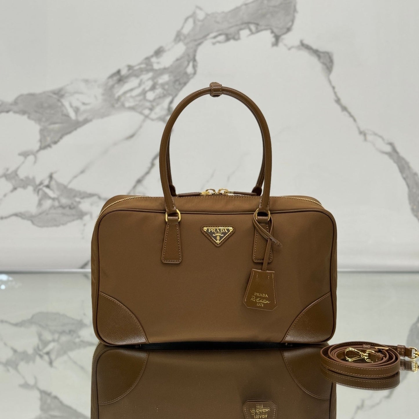 LARGE TOP HANDLE BAG 35 IN CHERRY WOOD NYLON AND CALFSKIN TRIM mysite