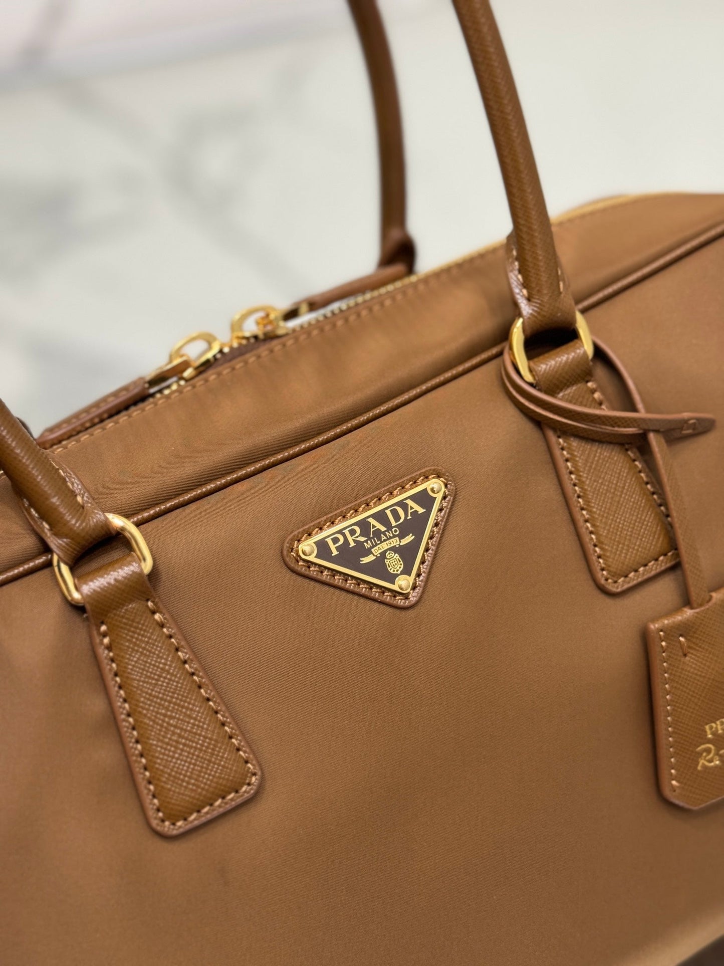 LARGE TOP HANDLE BAG 35 IN CHERRY WOOD NYLON AND CALFSKIN TRIM mysite