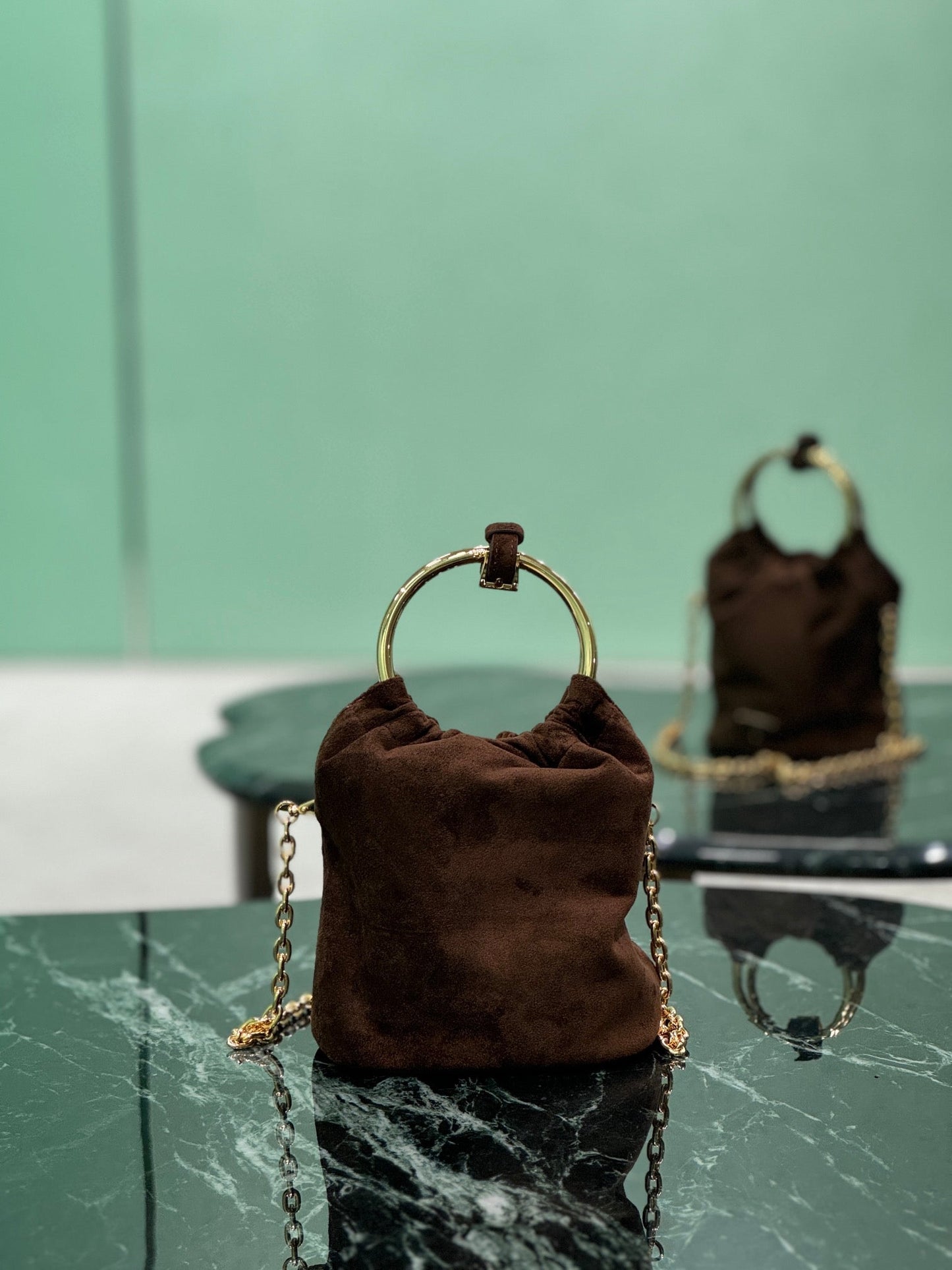 MINI BUCKET BAG 19 IN CHOCOLATE SOFT SUEDE GOLD HARDWARE mysite